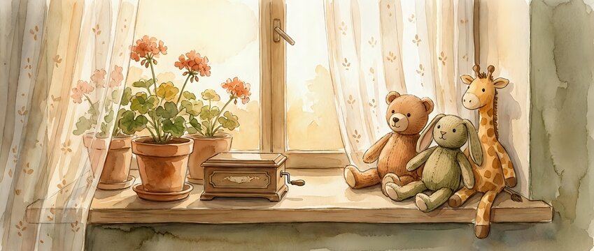 Cozy window sill with potted flowers, vintage books and stuffed toys creating warm home atmosphere for children's room decoration and interior design.