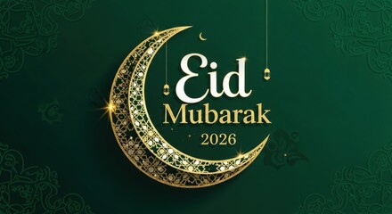 Eid Mubarak greeting card with golden crescent moon on dark green background in elegant festive lighting for Muslim holiday