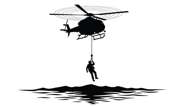 Silhouette graphic depicting a daring maritime rescue operation involving a hovering helicopter extracting a person suspended over dark water.