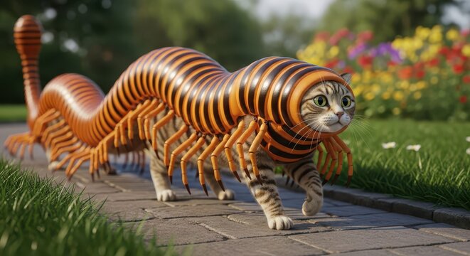 Feline animal wearing a segmented, multi-legged insect costume walks along a garden path