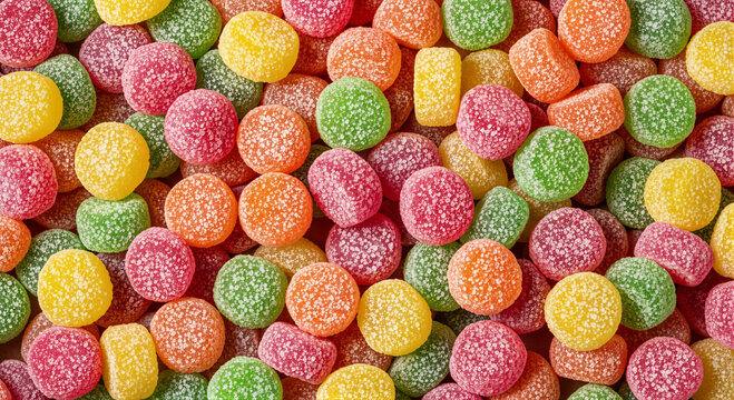 Full frame background of vibrant sugar-coated jelly candies in red, yellow, green, and orange for sweet treat concept and confectionery delight