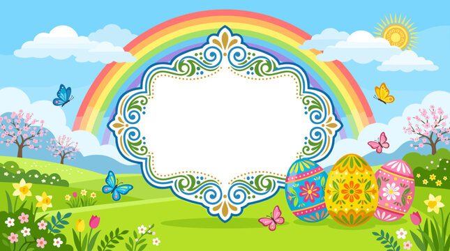 Festive Easter frame with colorful eggs, spring flowers, rainbow and blue sky for holiday invitation card and celebration concept