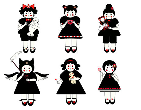 Set of cute creepy gothic girl characters in black dresses collection