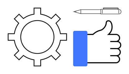 Productivity and creativity concept. Gear for productivity, thumbs up gesture for approval, and pen for creativity. Productivity, collaboration, and idea generation. Great for workplace , business © robu_s