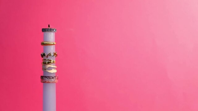 Putting out burning candle with different rings on pink background, closeup. Space for text