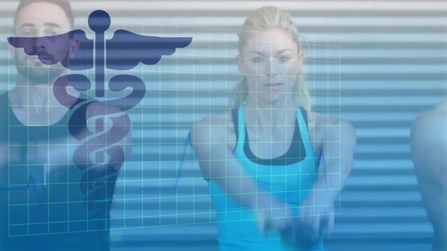 Vertical video: Overlay appearing, trio performing squats and kettlebell swing in garage for health