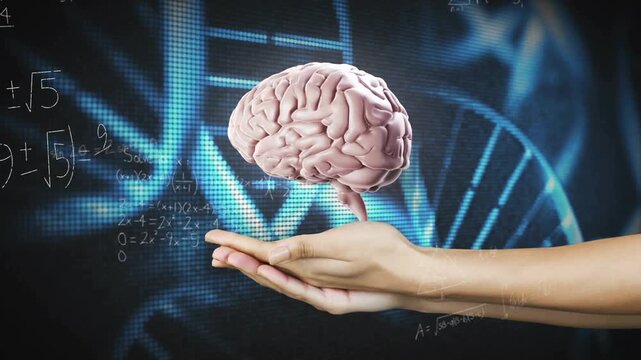 Bare arm entering, creating brain above palm, rotating and centering, showing science with DNA math