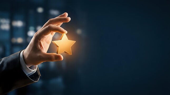 Businessman hand holding glowing golden star against dark blue background with bokeh lights representing excellence achievement and quality rating.