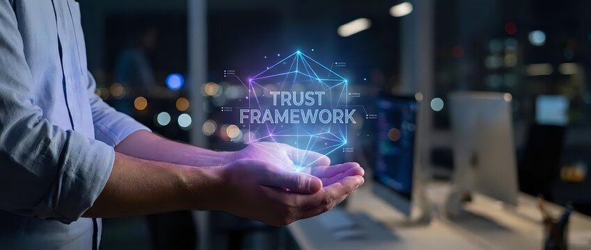 Businessman holding glowing digital trust and security hologram with network connections in modern office environment for technology concepts.