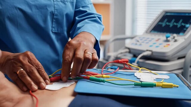 Medical professional attaches ECG electrodes to patients chest for monitoring.