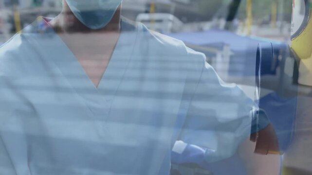 Nurse clarifying as gloved hand entering, touching wall device for medical training, street overlay