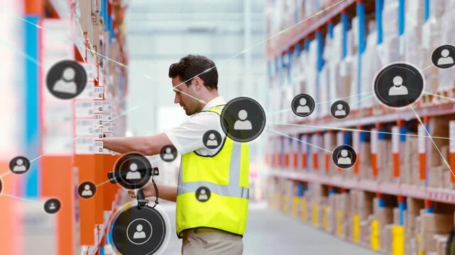 Worker scanning barcodes in warehouse, updating stock, causing network icons to grow