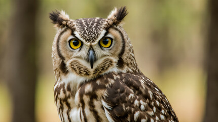 Funny pic owl staring with bright eyes perched on branch in forest