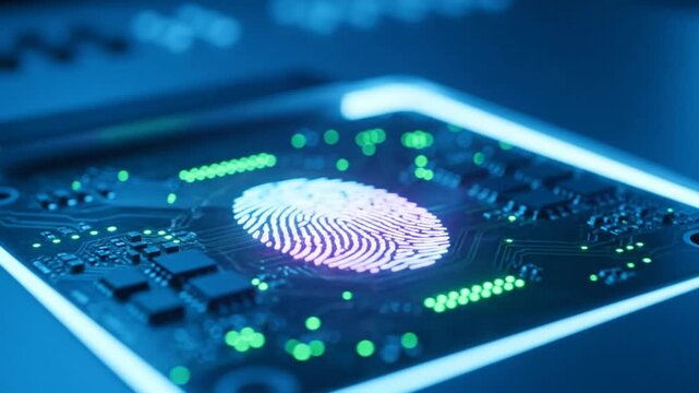 Futuristic electronic fingerprint sensor on a circuit board indicating data security and authentication technology