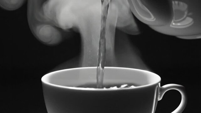 Black and white video of pouring hot water from a teapot into a white teacup against a dark background.