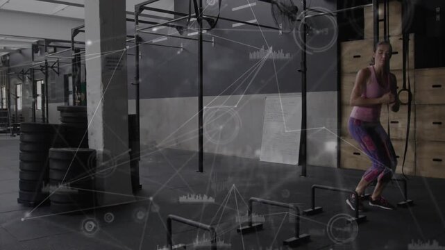Woman entering hurdles doing plyo jumps going airborne network overlay tracing motion for fitness