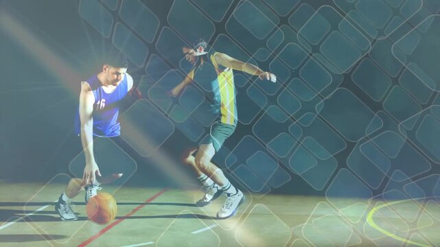 Basketball blue handler hesitating then driving to score, defender contesting, overlay appearing