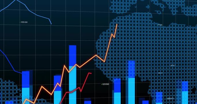 Dashboard starting lower-left grid, blue bars rising and orange trend climbing with map for finance