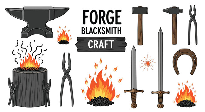 Flat lay illustration of blacksmithing tools and equipment including an anvil sword and hammer on a white background with a craft theme.