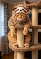 Fototapeta premium Fluffy orange feline wearing a sloth costume rests upon a sisal scratching post structure