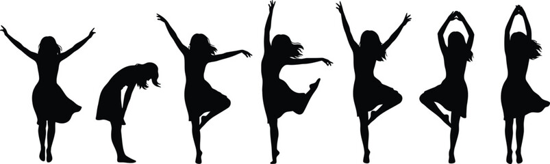 Set of 7 Black Female Dancer Silhouettes Vector Collection for Movement, Grace, and Performance-Themed Designs