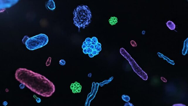 Microscopic view of various colorful bacteria and microorganisms on a dark background showing science and medicine
