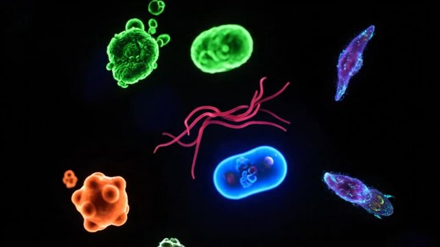 Microscopic view of various microorganisms floating in a dark environment featuring vibrant and neon colors.