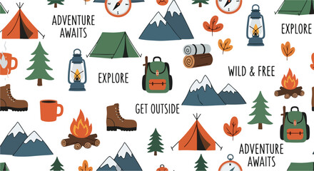 Fototapeta premium Colorful illustration of camping and hiking icons on a white background with adventurous phrases.