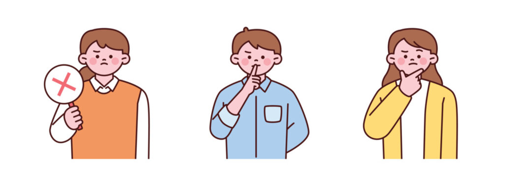 Teacher characters showing rejection sign, silence gesture and thinking expression. Education concept illustration of a teacher explaining rules, asking for quiet and thinking in a classroom.