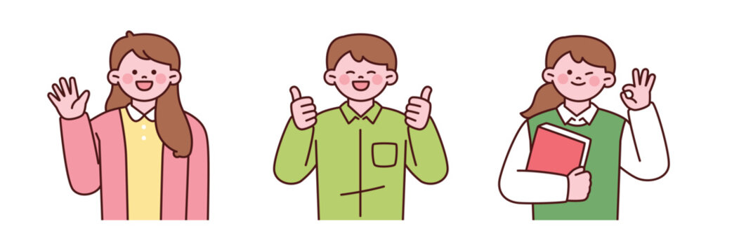 Friendly teacher characters showing greeting, thumbs up and OK gesture while holding a book. Education concept illustration of a smiling teacher in flat cartoon style.