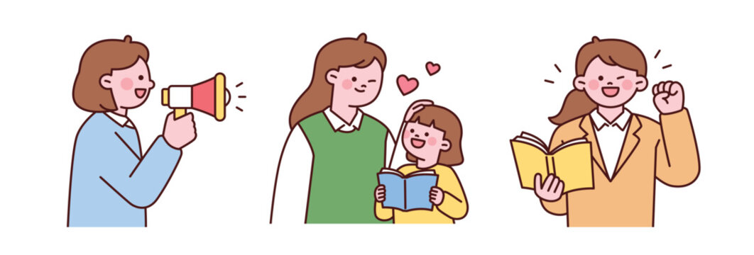 Teacher characters announcing with a megaphone, caring for a student while reading together, and encouraging students with a book. Friendly school teacher illustration in flat cartoon style.