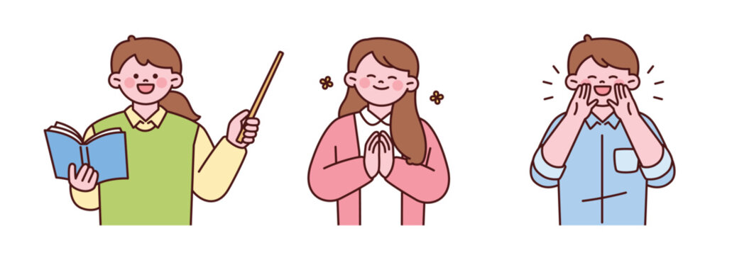Teacher characters reading a book, pointing with a teaching stick, showing gratitude, and calling students. Friendly school teacher illustration in flat cartoon style.
