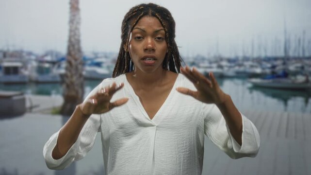Woman hands raised palms forward at a port pier, facing camera with braided hair and white blouse; caution personal boundary.