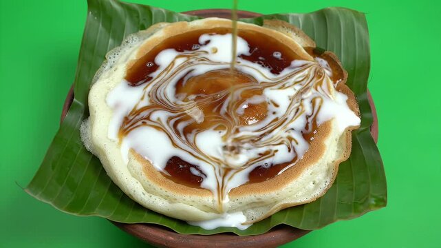 Close Up of Delicious Serabi Pancake with Sweet Palm Sugar Syrup and Coconut Milk Drizzle on Banana Leaf Food Preparation