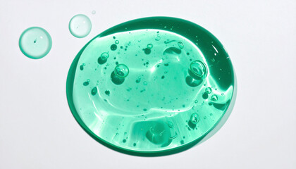 Light Green Cosmetic Gel Texture with Air Bubbles on White Background