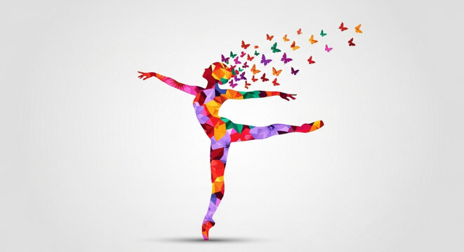 International Dance Day Abstract dancer in colorful mosaic form with butterflies emanating from her head, symbolizing freedom and artistic expression