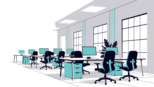 Open Office Space with Desks and Computers vector illustration