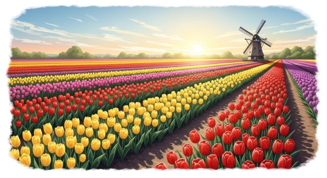 Vibrant tulip fields under bright sunlight with a windmill in the distance