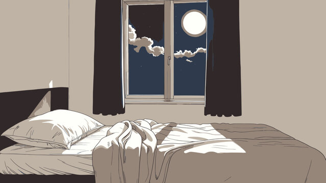 Bedroom with View of Moon Through Window at Night vector illustration