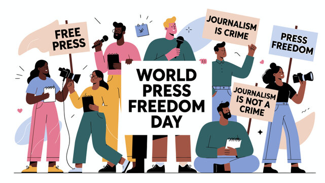 World Press Freedom Day with Diverse Protesters vector illustration