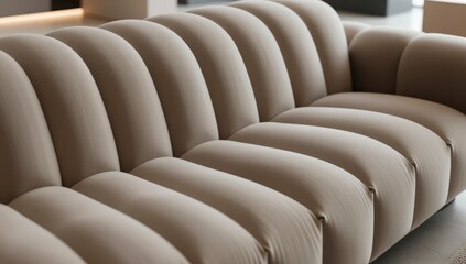 Obraz premium A close up low angle view of a plush contemporary sofa with channel tufting in a neutral beige tone