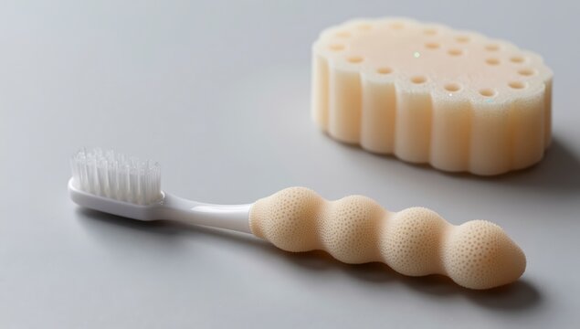 Close up of a white toothbrush with a textured handle next to a ribbed sponge