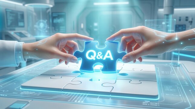 The Q&A Unification:  Two hands, clad in lab coats, delicately fit the final puzzle piece, emblazoned with Q&A, symbolizing the fusion of queries and answers.