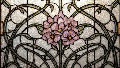 A beautiful stained glass window with pink flowers and green vines in a modern design