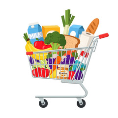 Full grocery shopping cart overflowing with fresh fruits, vegetables, bread, and milk.