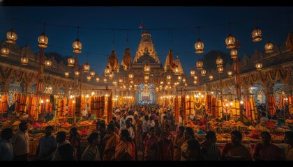 Obraz premium Nighttime Hindu Temple Festival with Lanterns, Garlands, and Crowds in Traditional Attire