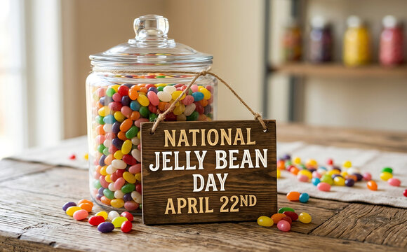Jar of colorful jelly beans with National Jelly Bean Day sign on wood table
