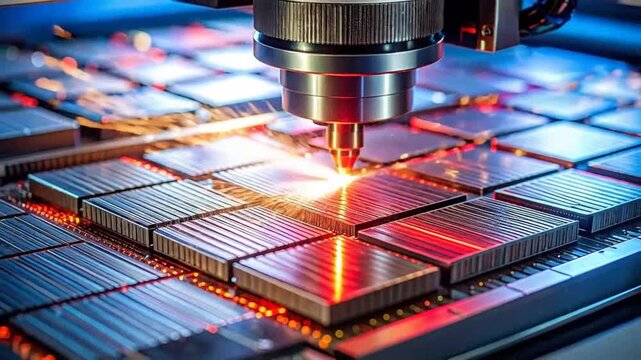 Close-up of a high-precision laser cutting machine processing l sheets with bright sparks.