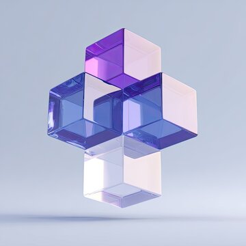 A stack of translucent cubes, colored purple and blue, floating against pale gray