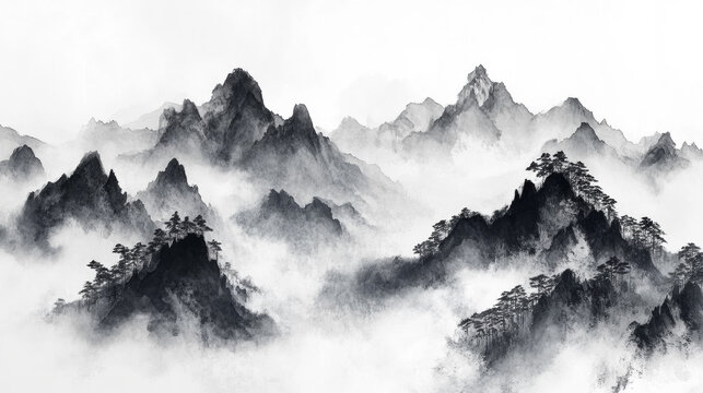 Traditional Chinese ink wash painting featuring majestic misty mountain ranges with detailed pine trees in ethereal fog and swirling clouds for a serene oriental art background